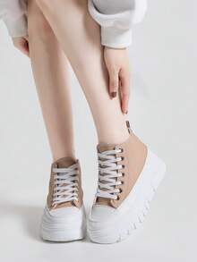 Alan Vincent [免费退换货] 新款高帮系带帆布鞋，女士厚底休闲鞋，舒适时尚卡其色运动鞋，学生鞋，百搭休闲风格 [尺码偏小，建议选购大一码。] - 卡其色 - 查看 6