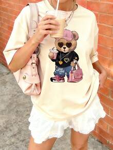 قميص كاجوال بطباعة قلوب لفتاة المراهقة، بطبعات حقيبة ودب أطفال، يحفز الخيال والتعبير عن الذات، ملابس علوية صيفية للأطفال والمراهقين