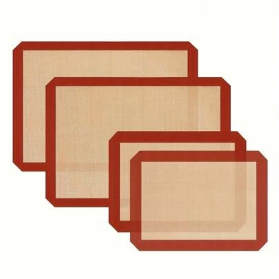 4pcs Non-Stick Silicone Baking Mats - Heat Resistant Baking Oven Pads, Non-Stick Cookie, Pizza, Bread Sheets With Easy Clean Surface - Reusable Oven Liners For Cookie Sheets, Pastries, Roasting - Red Border Baking Mats For Home & Professional Kitchens - Kitchen Essentials