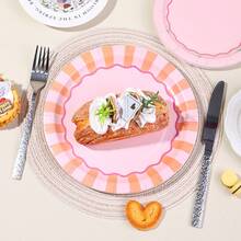 10pcs/20pcs/40pcs/50pcs,Summer Pink Striped West Coast 9-Inch And 7-Inch Paper Plates | Bachelor Party Decorations, Say Goodbye Bachelor Party, Birthday Party Supplies, Newborn Party, Striped Cake Plates,Pastel Pink & Peach Disposable Paper Plates Set - Scalloped Edge With Striped & Star Accents For Girls Birthday, Baby Shower, Tea Party & Brunch Tableware - 彩色 - 查看 5
