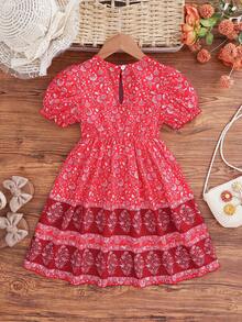 Girls Ditsy Floral Dress, Summer New Toddler Princess Dress - Red - View 2