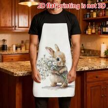 1pc Easter White Watercolor Floral Bunny Apron, Fawn Bunny + Daisy Bouquet Decor, Healing Vibe, Durable Cooking Apron Suitable For Bakers, Cake Decorators, BBQ Enthusiasts, Gardeners, Painters, Nail Artists - Perfect Gift For Home And Professional Chefs - Multicolor - View 8