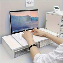 1个白色木质笔记本电脑支架 - 现代哑光白木质笔记本电脑增高架，提供舒适的观看角度，双层桌面扩展架，笔记本电脑和键盘收纳整理架 - 彩色 - 查看 7