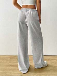女士灰色阔腿运动裤，宽松抽绳腰带，休闲舒适，适合日常穿着和轻度运动 - 灰色 - 查看 9