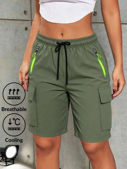 Women's Cargo Shorts With Neon Zipper - High Waist Loose Casual Shorts With Multiple Pockets
