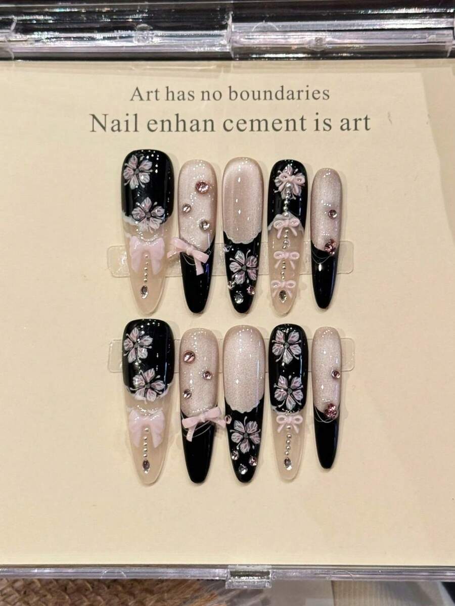 10 miếng dán móng tay thủ công hình hoa mắt mèo màu tím nhọn, thích hợp cho các bữa tiệc và sử dụng hàng ngày.