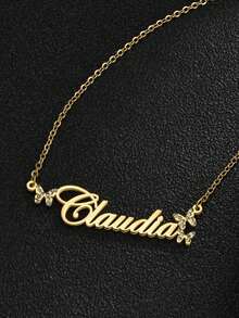 1pc Personalized Zirconia Necklace, Customized Necklace, Heart, Butterfly, Crown, Different Styles To Choose From, Inlaid Zirconia Necklace, Gold Nameplate Personalized Customized Jewelry Necklace, As A Valentine's Day Gift, Mother's Day Gift - Gold - View 9