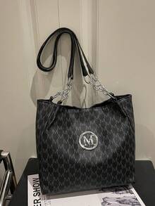 1pc Women's Fashion Commuter Letter Print Shoulder Bag, Portable Versatile Large Capacity Tote Bag, Suitable For Dates, Shopping, Gifts, Work - Black - View 12