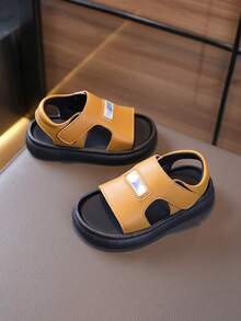 1双男女通用简约平底露趾凉鞋，耐磨防滑儿童沙滩鞋，适合夏季穿着 - 芥末黃 - 查看 1