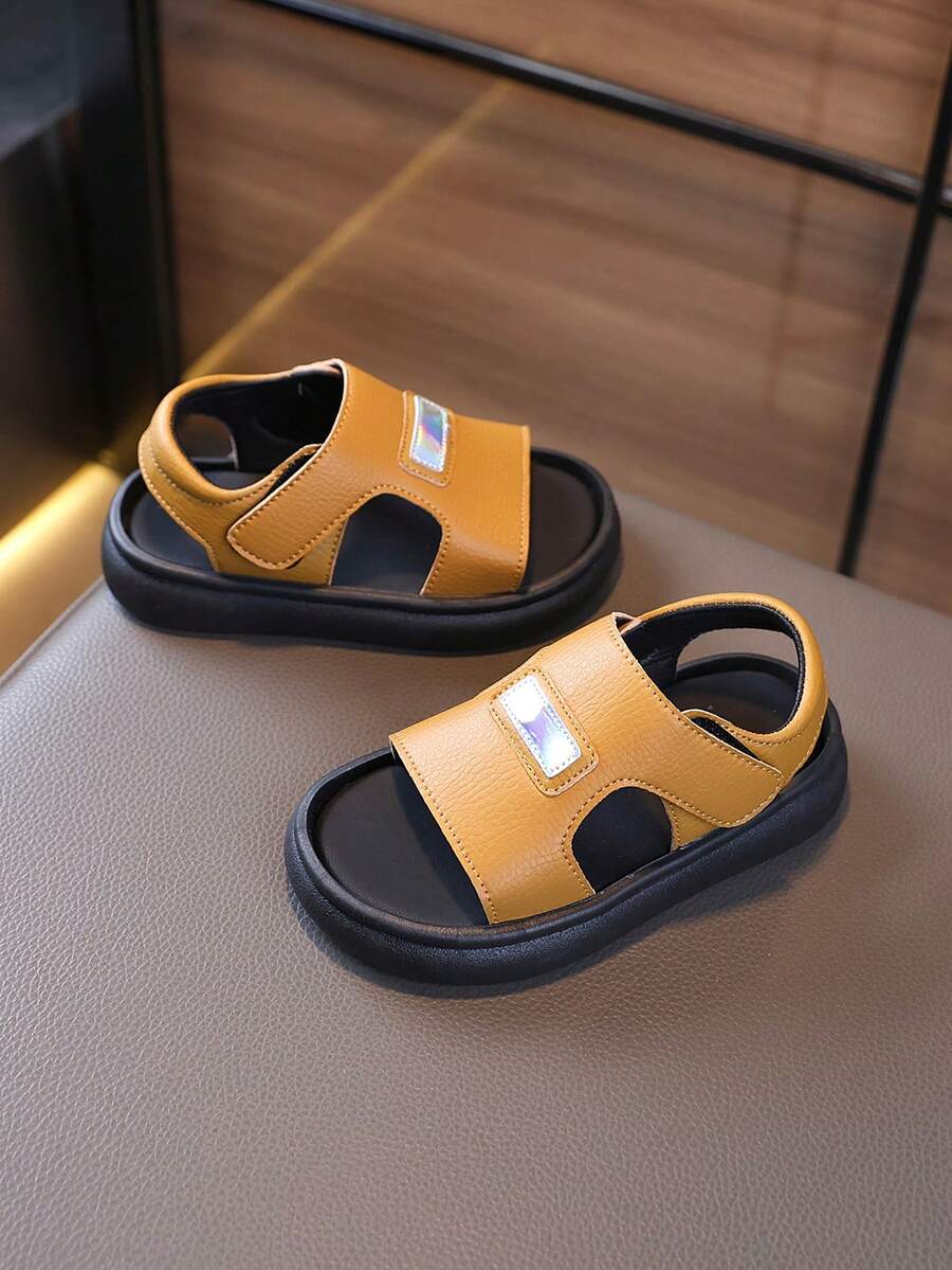 1双男女通用简约平底露趾凉鞋，耐磨防滑儿童沙滩鞋，适合夏季穿着 - 芥末黃 - 查看 1