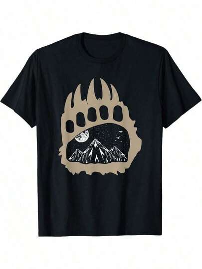 Camiseta gráfica de hombre con estampado de pata de oso bohemio, montaña y cielo nocturno -% algodón, ajuste holgado, camiseta casual para senderismo al aire libre para todas las estaciones. Equipo de senderismo. Ropa de aventura. Diseño inspirado en la naturaleza. Tela transpirable. Camisa estampada. Amantes de la naturaleza. Esenciales de viaje. Impresión de vida silvestre. Textura suave. Ropa con temática de la naturaleza. Ropa de viaje