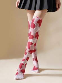 1/2 Pair Women's Thin Heart Pattern Over-The-Knee Stockings, 360 Printed, Lightweight & Breathable, Leg-Shaping, Sweet & Cool Style, Essential For Party Outfits, Adheres To Legs Without Falling, Girlish Vibe - Multicolor - View 3