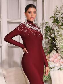 Modphy Elegant Party High Collar Pearl Mesh Patchwork Fitted Long Dress - Burgundy - View 3