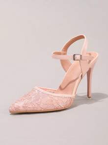 时尚蕾丝刺绣高跟鞋，性感尖头晚宴派对鞋，超高跟踝带鞋，细高跟，粉色女士凉鞋 - 粉色 - 查看 11