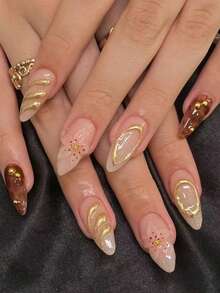 10 Pieces Handmade Almond-Shaped False Nails With Amber Smudge, Golden Lines And Circle Carvings. Features Hand-Painted Amber Smudge, Golden Circle 3D Water Ripple Lines, And Handcrafted 3D Three-Dimensional Spot Carvings. These Elegant, Romantic And Minimalist Press-On Nails Present A High-End, Sexy And Light-Luxury Style. Suitable For Daily Wear, Dates, Concerts And Light Business Occasions, They Are An Excellent Gift For Women And Girls. - Multicolor - View 2