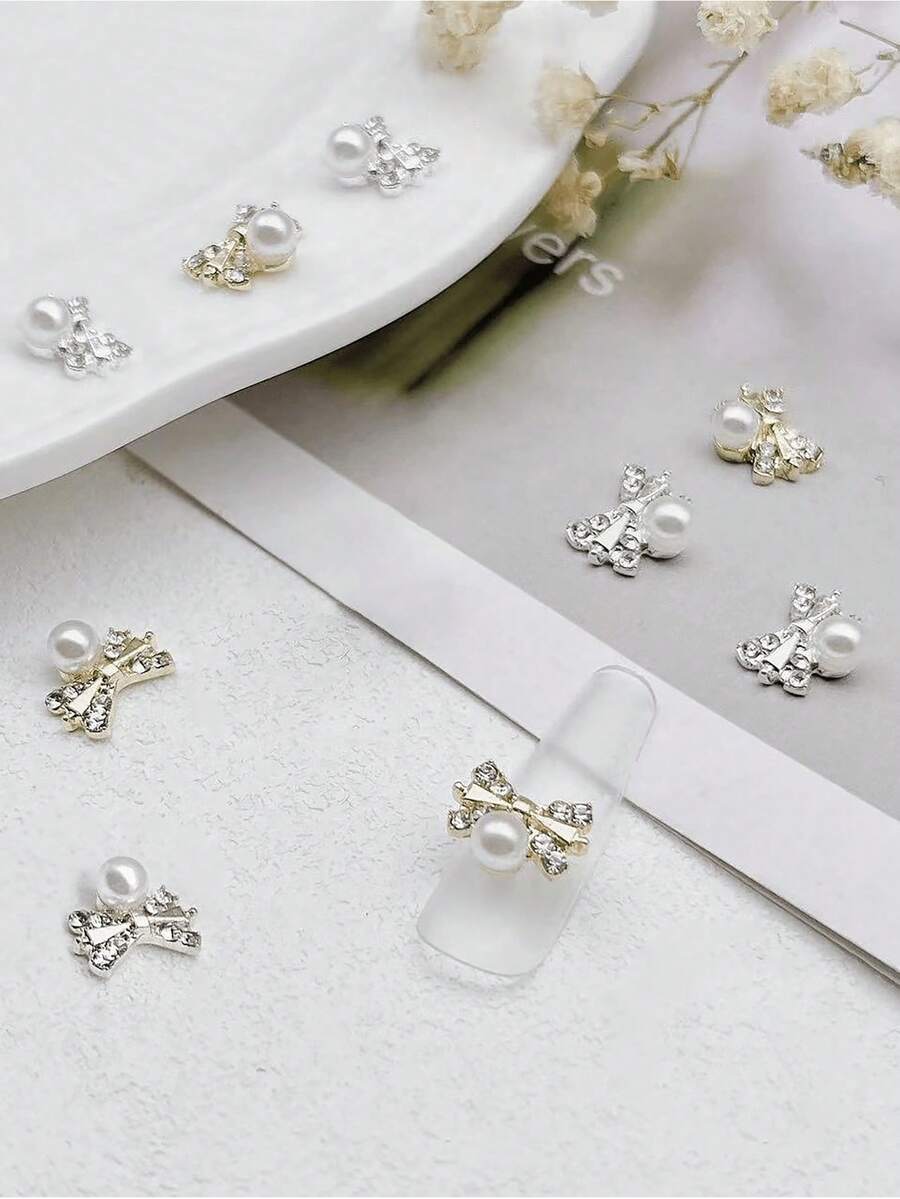 10pcs Butterfly Nail Art Decorations, Shiny White Pearl Gold/Silver Butterfly Nail Art Decor, 3D Butterfly Nail Jewelry, DIY Nail Gems Gift, Suitable For Girls Acrylic Nail Supplies - Multicolor - View 1