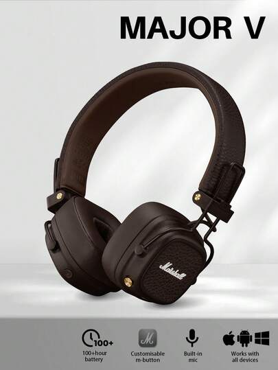 Marshall Major V On-Ear Wireless Headphones, 100-Hour Playtime, Bluetooth 5.2, Upgraded Classic Rock Design, Foldable, Memory Foam Earcups, Wired/Wireless Dual Mode, Multipoint Connection For Travel Commute Music