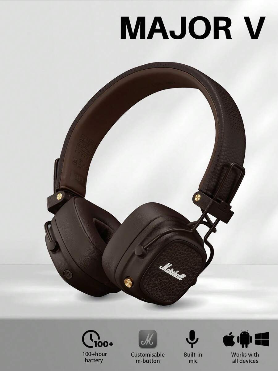 Marshall Tai nghe không dây Major V, thời lượng pin 100 giờ, Bluetooth 5.2, thiết kế rock cổ điển được nâng cấp, có thể gập lại, đệm tai bằng mút hoạt tính, chế độ kép có dây/không dây, kết nối đa điểm, phù hợp cho du lịch, đi lại và nghe nhạc. - màu nâu - Xem 1