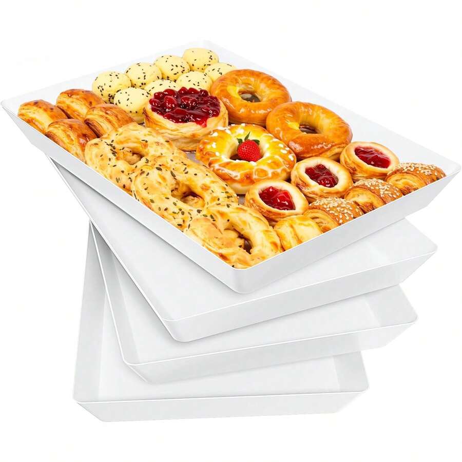1/4 Piece Set Serving Trays, Party, Entertainment, Camping And Food Display Service Platters, Reusable And Stackable Plastic Tray, Cookie Rectangular Food Plate, Appetizers (White) - White - View 1