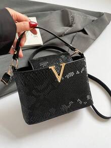 New Fashion Snake Skin Pattern Handbag, Casual Metal Hardware Shoulder Bag, Personalized Crossbody Bag - Multicolor - View 14