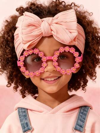 2pcs Jacquard Bow Headband, Daisy Sunglasses For Babies, Suitable For Daily Use