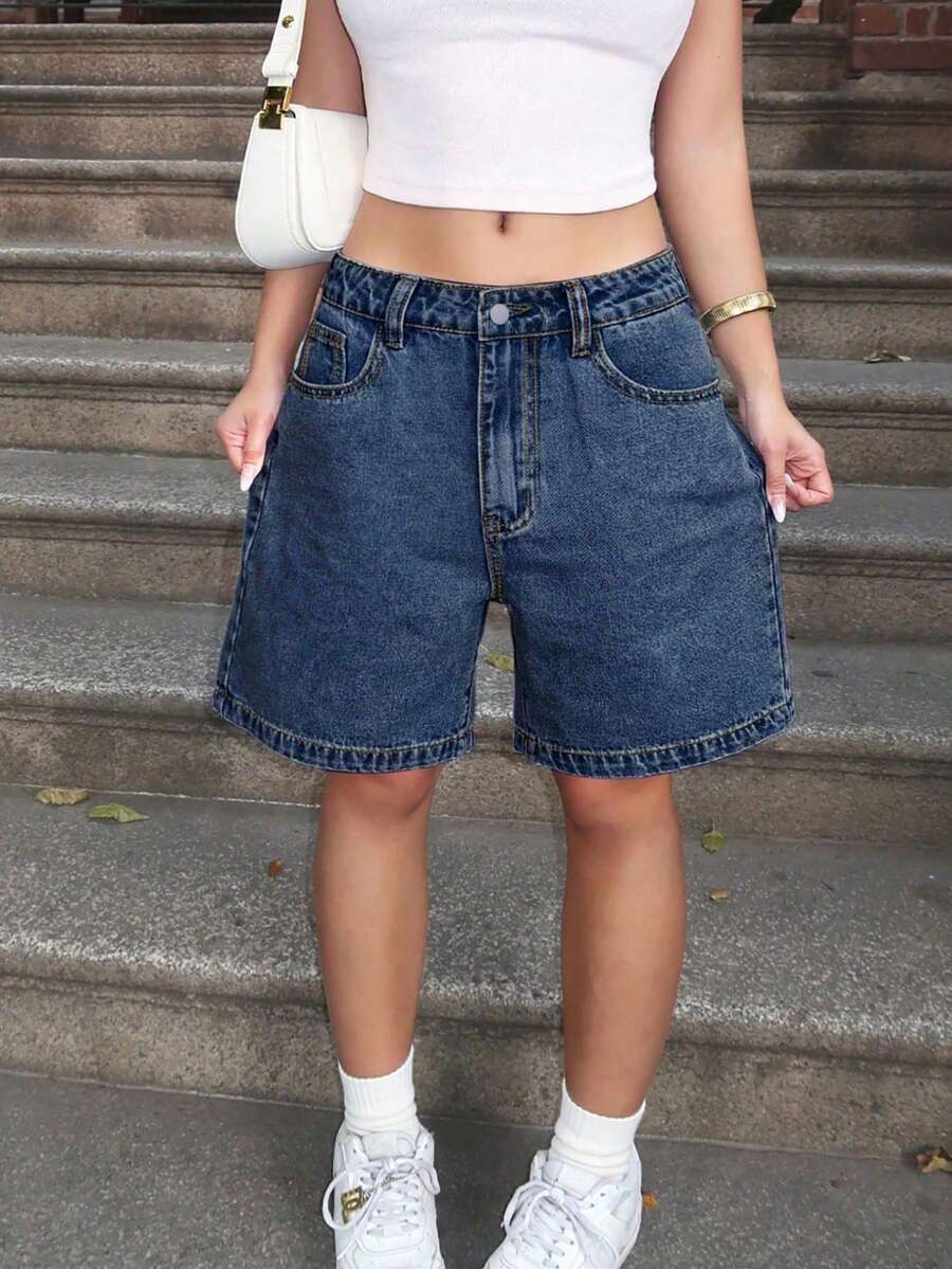 Women's Fashion Cotton Blend Solid Color Knee-Length Denim Shorts, Casual Retro Style, Suitable For All Seasons - 中等水洗藍 - 查看 1