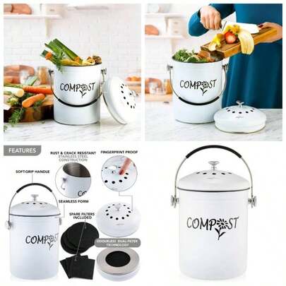 Deluxe Compost Bin Kitchen Worktop - Stainless Steel Food Waste Caddy With Innovative Dual Technology - Includes Filters White Designer, 5L