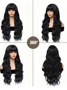 26英寸黑色卷发假发，带刘海，女士款 - 柔软耐热合成纤维 - 适合日常佩戴、派对、万圣节和角色扮演 - 彩色 - 查看 4