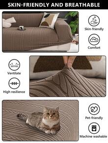 1PC Modern Minimalist Style Wheat Pattern Elastic Fully Enclosed Sofa Cover, All-Season Universal Sherpa Jacquard Pet-Friendly Anti-Dirt Lazy Sofa Protector Slipcover, Machine Washable - Dark Brown - View 8