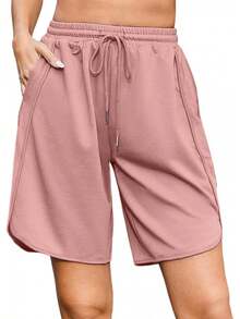 Quenteen Women's Sweat Shorts Bermuda Long Shorts Athletic Casual Loose Cotton Shorts (Available In Plus Size)A Valentine's Day 46QM - 9吋深粉紅色 - 查看 8