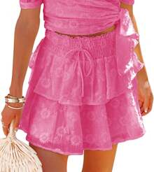 Flowy Shorts Women Casual Boho Ruffle Tiered Skorts Lace Skirts Coastal Country Concert Vacation Beach OutfitsA Valentine's Day PAQB - Hot Pink - View 1
