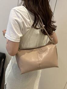 Fashionable Quilted Crossbody Bag For Women With Rope Shoulder Strap, Crescent-Shaped Shoulder Bag Solid Color Casual Shoulder Bag, Versatile And Suitable For Work Commute - Khaki - View 3