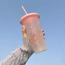 1pc/5pcs Set, Large Capacity Reusable 700ml Plastic Cup With Lid And Straw, Bow Pattern, Summer Juice Cup, Suitable For Parties, Weddings, Events And Holidays, Great For Gift-Giving - Multicolor - View 11