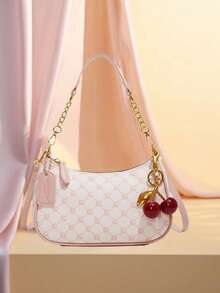 New Fashion Classic Pink Star Style Versatile PU Waterproof Material Letter Decor Design, Solid Color Crescent Shoulder Bag, Chain Shoulder Underarm Bag, Cherry Pendant Decor Women Wallet, Elegant Business Commute Bag, Lightweight, Ample Storage Space, Suitable For Shopping, Gatherings And Other Occasions, Can Be Worn Crossbody. , Pink