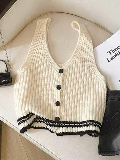 复古单排扣条纹撞色叠层休闲百搭针织背心