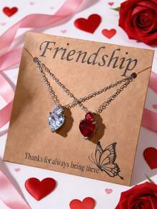 两件套时尚心形金属镶嵌水晶锆石钻石吊坠项链套装，男女皆宜，情人节、送给爱人、朋友的礼物 - 彩色 - 查看 23