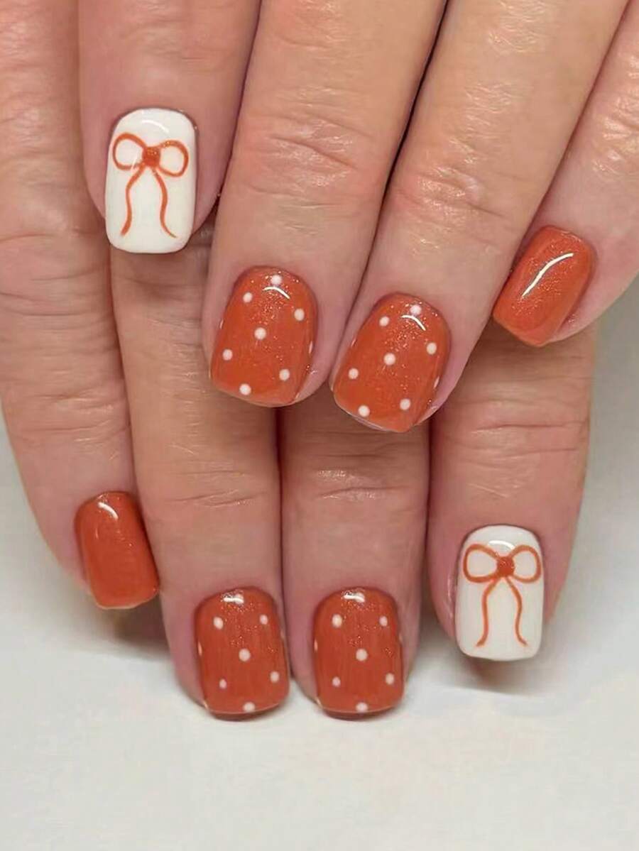 24pcs Short Glossy Square Nail Tips, White Polka Dot & Orange Glitter Bow Decor, Sweet European & American Cross-Border Nail Art Nails - Burnt Orange - View 1