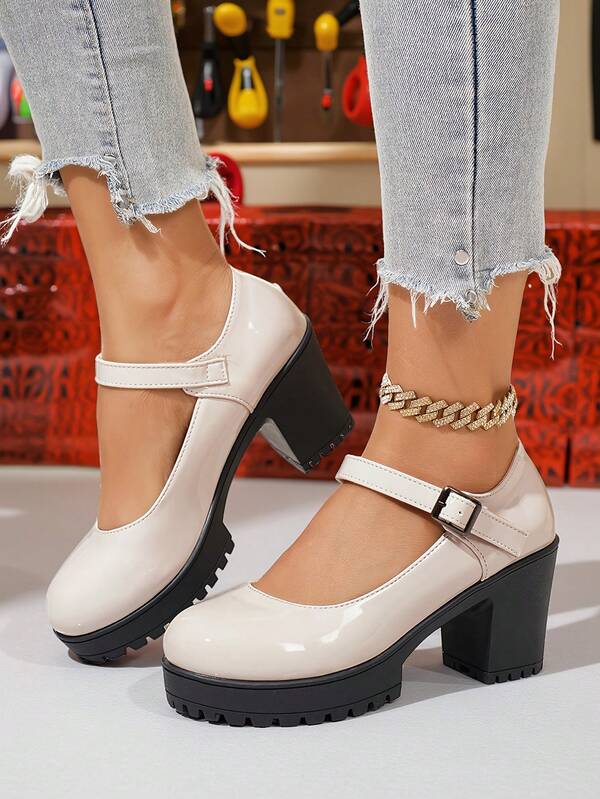 College Style Versatile Elegant Chunky Heel Mary Jane Shoes With Single Strap, Spring/Autumn New Round Toe Low Vamp Thick Sole High Heel Pumps For Women