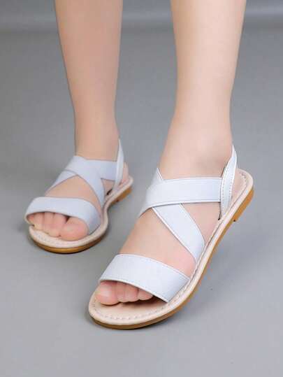 1 Pair Kids' Solid Color Elastic Criss-Cross Flat Outdoor Slip-On Casual Sandals, Suitable For Summer