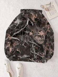 Tween Girls Back To School Bestseller Leaf Print Hoodie Sweatshirt, New Loose Comfortable Casual Fashion Versatile Streetwear,Spring Camouflage Hoodie, Couple Same Style/Basic/Going Out Knit Camo Fleece Lined Keep Warm Zip Up Green Baggy Long Sleeve Sweatshirt,Nature-Inspired Camouflage Print (Tree/Bark/Leaf Motifs),Oversized Hoodie, Relaxed Fit, Adjustable Drawstring Hood,Kangaroo Pocket, Ribbed Cuffs/Hem,Streetwear Vibe, Outdoor-Inspired Aesthetic,Moody Tones (Earth Brown) - 棕色 - 查看 2