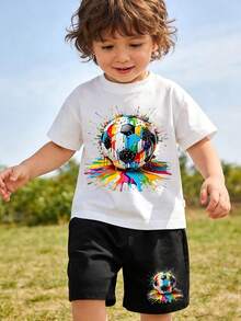 Football  PrintedSet Little Boy, Casual, Cute And Interesting Cartoon Reindeer, Mini Polka Dot Snowflakes, Holiday Short-Sleeved Round-Neck Top, Suitable For Summer Layering, New Holiday Christmas Series Baby Christmas Dress For Girls, 2-Year-Old Baby T-Shirt For Boys - trắng - Xem 1