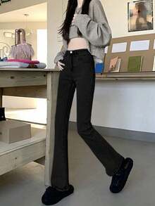 Women's New Slim Fit Solid Color High Waist Flare Jeans Casual Black Spring Fall - Black - View 5