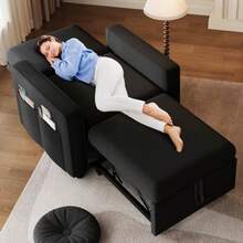 Convertible Sleeper Chair 3-In-1 Sofa Bed With Reclining Backrest 75" Single Sleeper Couch With Pull-Out Bed And Wide Armrest Linen Futon Sofa For Dorm Apartment Grey - Black - View 2