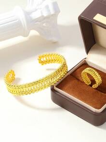 2件套复古18K镀金铜手镯和戒指套装，中东迪拜新娘首饰 - 金黃色 - 查看 12