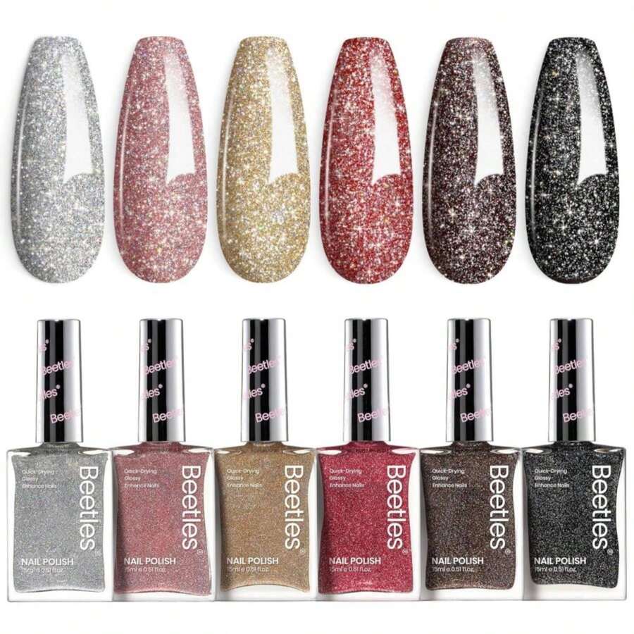 Beetles Glitter Nail Polish Set, 6 Color Silver Pink Gold Red Brown Black Quick Air Dry Nail Polish Natural Elegant Nail Lacquer Manicure DIY Nail Art Salon Valentines Gifts For Women - ColorR - 查看 1