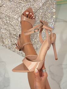 女士新款夏季欧美时尚蝴蝶结尖头露趾拖鞋，系带高跟凉鞋 - 杏色 - 查看 1