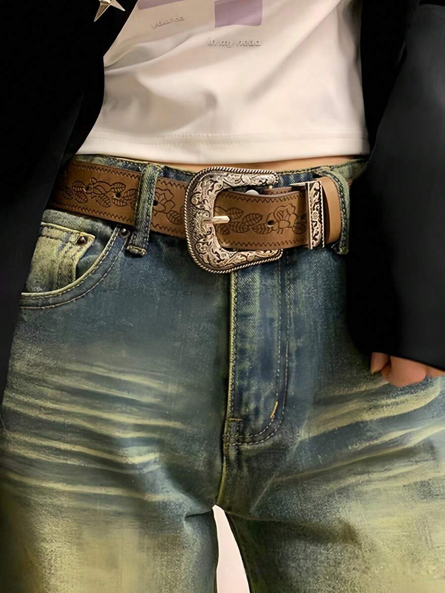 美式宽棕色腰带，女士，Y2K风格腰带，时尚百搭，适合秋冬季节，高端牛仔裤腰带 - 淺棕色 - 查看 1