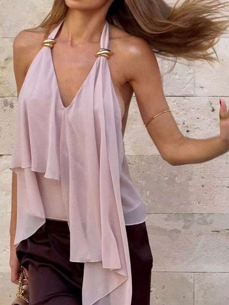 Yuyi 服装金属扣不对称下摆 V 领吊带粉色女士吊带背心，夏季吊带背心，度假海滩街头装扮 - 淡紫色 - 查看 1