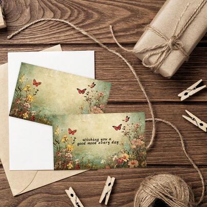 50pcs Vintage Floral Blank Message Cards, Pocket Cards, Wallet Cards, Business Cards, White Greeting Cards, Uncoated, Thank You, Notes, Information, Writing Cards, Mailing Cards, Small Business Supplies, Gift Tags, Birthday, Unique Items, School Supplies, Announcement Cards