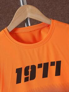 2pcs/Set Boys' Casual 1977 Gradient Print Short Sleeve T-Shirt And Cargo Pants Outfit, Spring/Summer - Burnt Orange - View 4